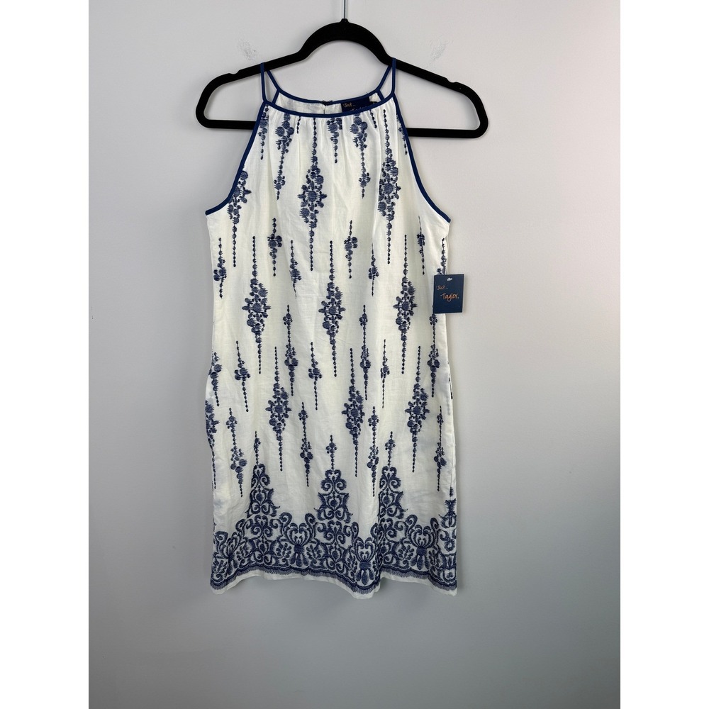 NEW Just Taylor White & Navy Blue‎ Embroidered Cotton Halter Shift Dress Women 6